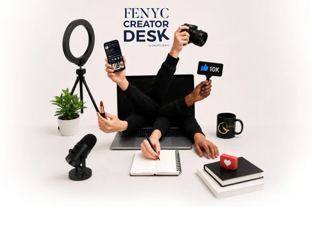 Creador de contenido gestionando cámara, móvil, micrófono y redes sociales desde su escritorio — el día a día que Grupo FENYC protege legal y fiscalmente.